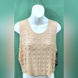 Nude Sheer top OPPA! Pearl and Rhinestone Accents Size L